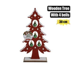 Xmas table decor wooden tree+bells 30cm